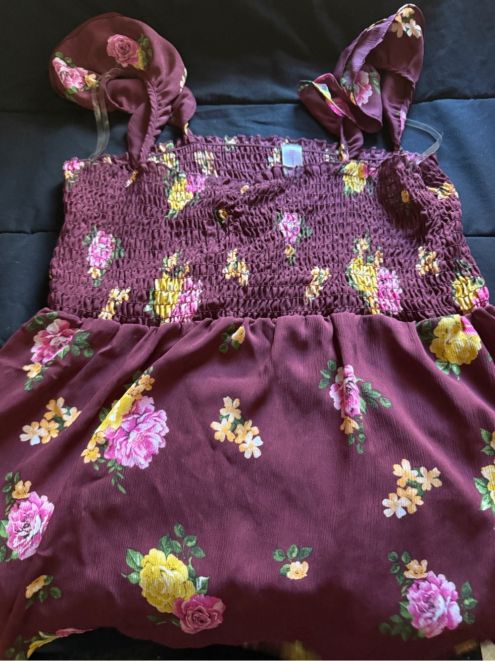 No Boundaries Burgundy Floral Smocked Tank with Tie Straps